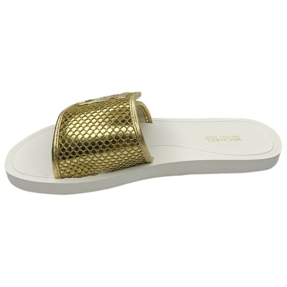 NWT MICHAEL KORS AUTHENTIC WOMEN'S WHITE GOLD SLIP ON SLIDES SANDALS SIZE 6 8 - Picture 5 of 6